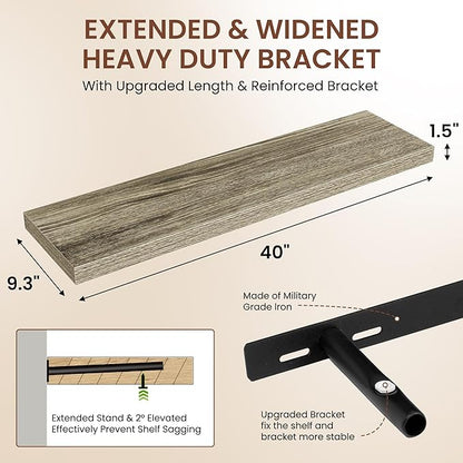 Dreamland 40 Inches Floating Shelves for Wall, 9.3" Deep Long Floating Shelves Set of 2, Large Display & Storage Shelf, Wall Shelf for Bathroom Bedroom Living Room Kitchen Office, Grey