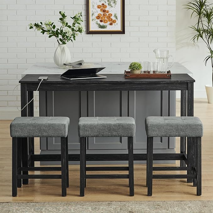 4-Piece Kitchen Island Counter-Table Set with Charging Station, Industrial 59" Dining Tables with 3 Stools, 59 Inch Farmhouse Bar Table Chairs w/USB & Type-C & Power Outlets, Black