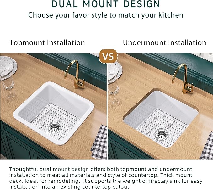 Miuara White Undermount Bar Sink 18 Inch - Small Topmount Kitchen Sink Drop In 18”x18”x9”, Dual Mount Single Bowl, Heavy Duty Solid Fireclay, w 2 Accessories, for Kitchen, Laundry, Powder, Outdoor