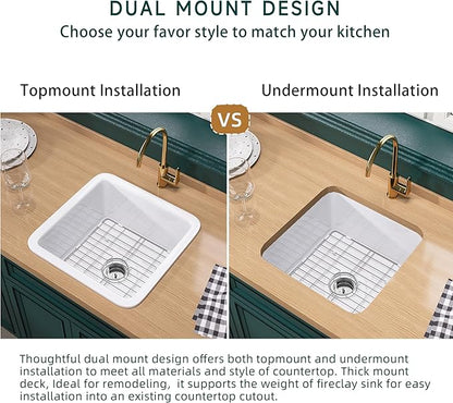 Miuara White Undermount Bar Sink 18 Inch - Small Topmount Kitchen Sink Drop In 18”x18”x9”, Dual Mount Single Bowl, Heavy Duty Solid Fireclay, w 2 Accessories, for Kitchen, Laundry, Powder, Outdoor