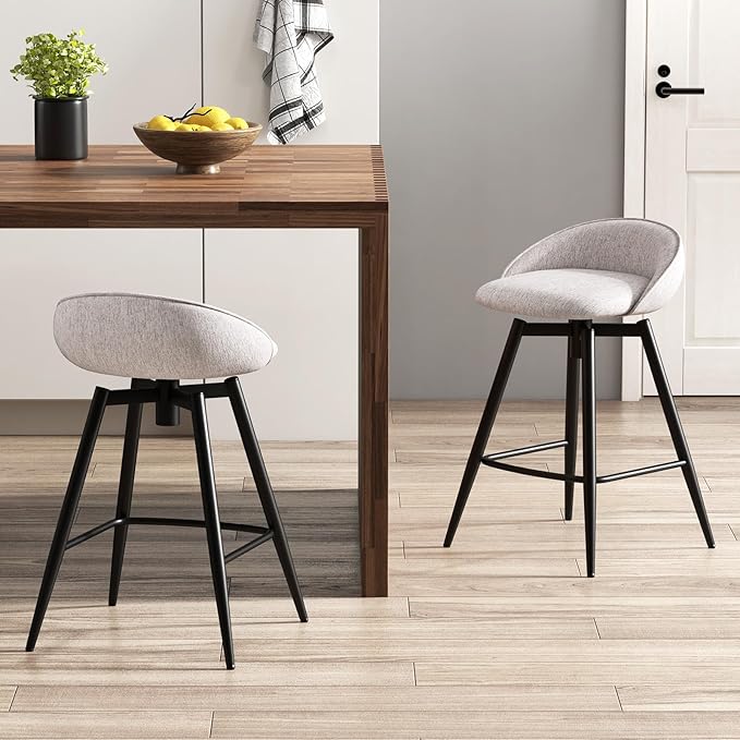 Giantex Swivel Bar Stools Set of 2, 25" Counter Height Bar Chairs with Footrest, Low Backs & Metal Frame, Upholstered Line Fabric Barstools for Kitchen Island, Cafe & Pub, Grey