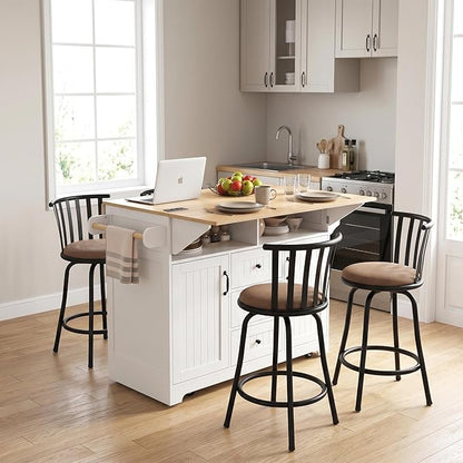 Homy Casa 5 Piece Kitchen Island Set with 4 Swivel Bar Stools, Rolling Kitchen Cart with Drop Leaf, Power Outlet, Drawers and Storage Cabinet, Breakfast Bar Table Set for Dining Room (Teal Blue)