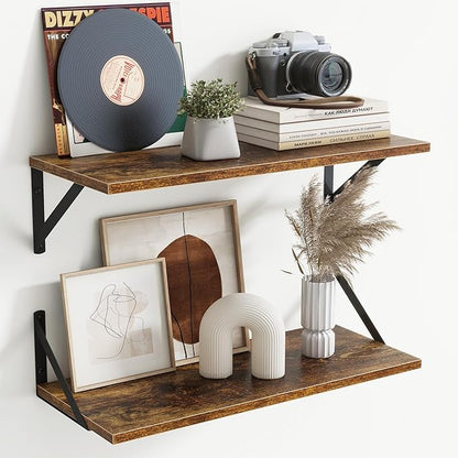Acovy Floating Shelves for Wall Decor,24" Wx8 D Wall Mount Floating Bookshelf Set of 2,Hanging Storage Shelf with Sturdy Metal Brackets,Wooden Shelf for Living Room,Bedroom,Bathroom,Rustic Brown