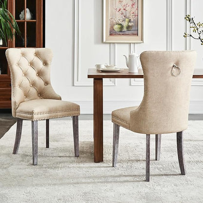 Eifizek Leather Dining Chair Set of 6, Dining Room Chairs with Nailhead Ring Pull Trim, Upholstered Dining Chairs with Solid Wood Legs for Kitchen Dining Room (Beige)