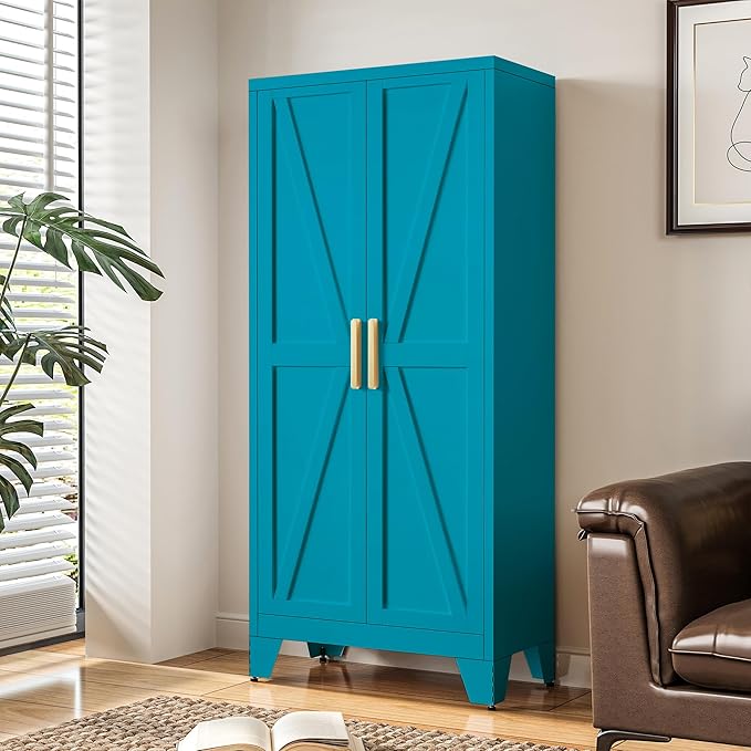 LCAOPC 61" Tall Metal Storage Cabinet with 2 Doors and 3 Adjustable Shelves, 4-Tier Kitchen Pantry Storage Cabinet for Kitchen, Living Room, Dining Room and Office, Blue