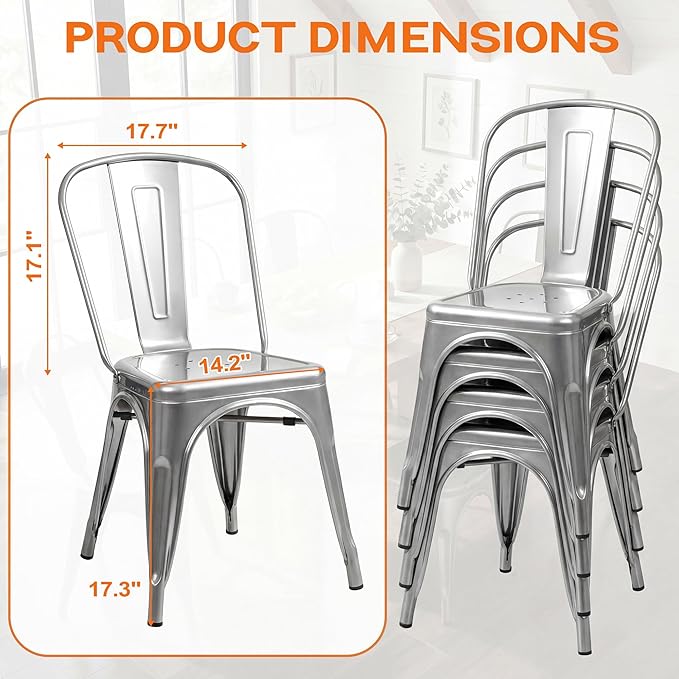 Shahoo Metal Dining Chairs Classic Iron Stackable Industrial Vintage Trattoria with Back, Indoor-Outdoor Side Settee for Home Bistro Cafe Kitchen Restaurant Set of 4, Sliver
