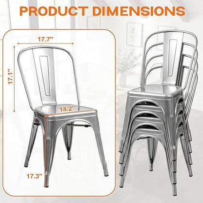 Shahoo Metal Dining Chairs Classic Iron Stackable Industrial Vintage Trattoria with Back, Indoor-Outdoor Side Settee for Home Bistro Cafe Kitchen Restaurant Set of 4, Sliver