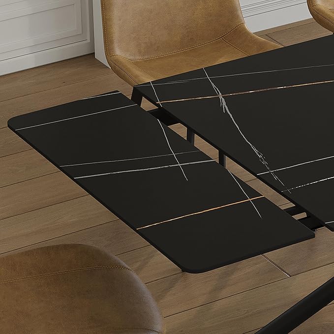 Runboll 47"-71" Extendable Sintered Stone Dining Table for 4 to 8, Modern Rectangular Kitchen Table with Carbon Steel Legs for Dining Room Family Gathering