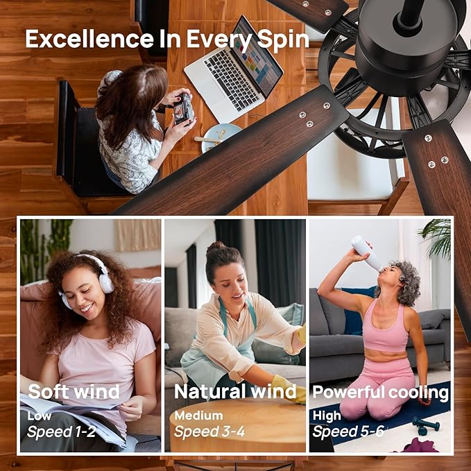 Consciot Ceiling Fan With Lights, 52'' Farmhouse Indoor Ceiling Fan With Remote, Quiet Reversible DC Motor, 5 Double Finish Wood Blades, Easy Install, Dimmable 2*E26 Bulbs(not included), Light Brown