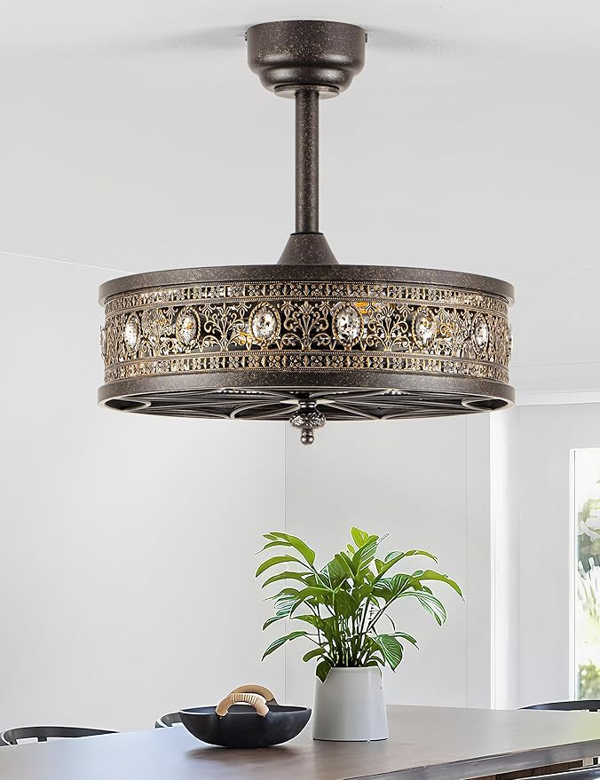 Chandelier Ceiling Fan with Light,Antique Bronze Caged Bladeless Enclosed Fandelier,Vintage Ornate Elegant Crystal Light Fixture,Hanging/Flush Mount for Bedroom,Kitchen Island,Dining Room,Living Room