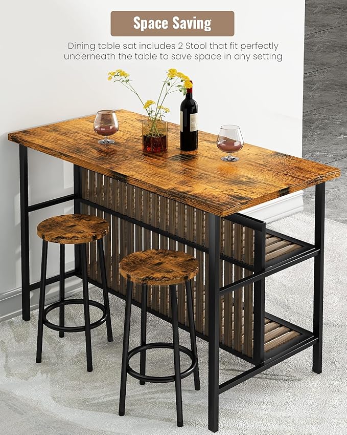 AWQM Kitchen Island with Seating & Storage Shelf, Wooden Island Table for Kitchen, Modern Bar Table and Chairs Set for 2,Dining Table Set for Small Space,Walnut