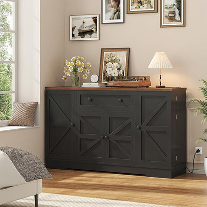 Buffet Cabinet with Storage, Modern Kitchen Buffet Sideboard with Drawer, Wood Coffee Bar Station with Charging Station, Wine Rack and Hooks, Wood Sideboard Buffet for Kitchen, Dining Room, Black
