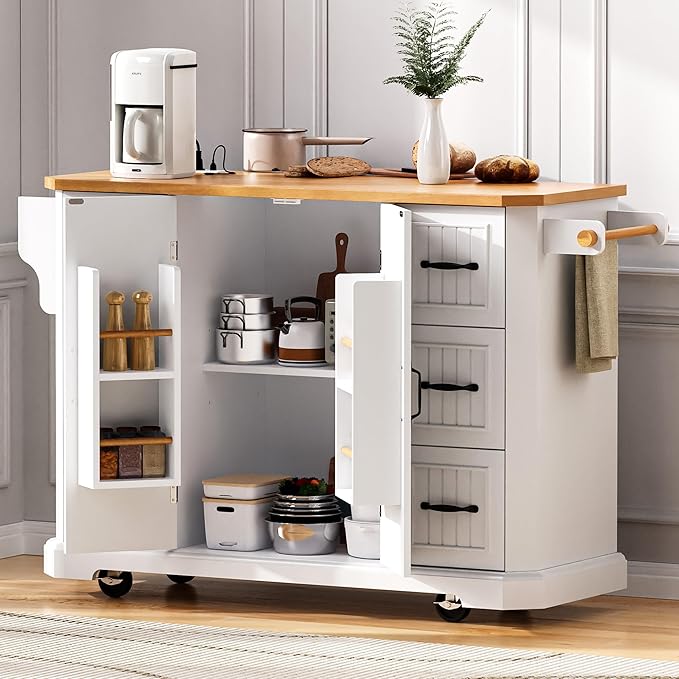 Ball & Cast 56" Large Modern Kitchen Island with Rubber Wood Veneer Drop Leaf, Power Outlet, 6 Drawers, 4 Door Shelves, White