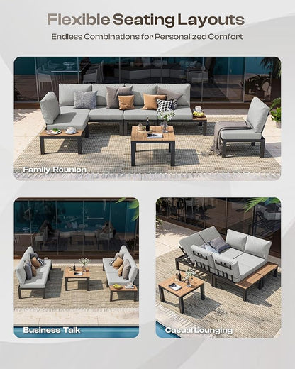 Aluminum Modular Outdoor Patio Furniture Set, 6 Seats Sectional Sofa Set with Adjustable Backrest & Thick Cushions, All-Weather L-Shaped Corner Set with Table for Garden & Yard, Gray