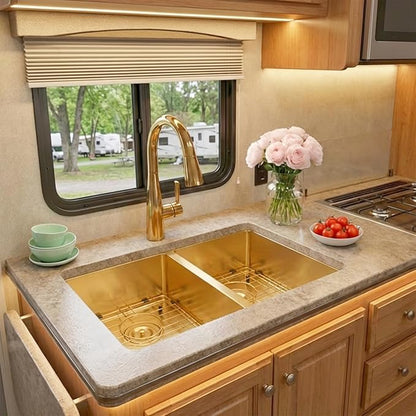 Gold RV Kitchen Sink 27 X 16 inch,50/50 Double Bowl Undermount Kitchen Sink,16 Gauge Stainless Steel Kitchen Sinks for RV