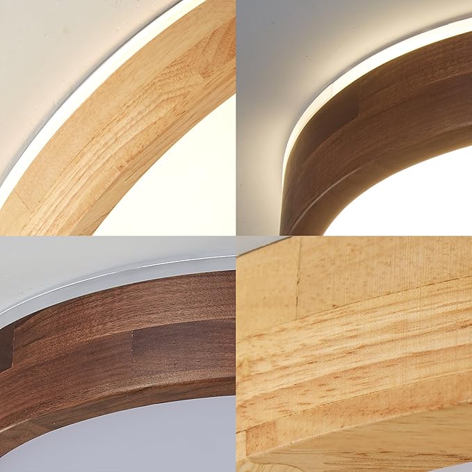 LED Ceiling Light Fixture 15.74, Handcrafted Walnut Wood Modern Wabi-Sabi Style, 42W LED 3000K-4000K-6000K, Low Profile Lamp for Bedroom Kitchen Hallway Dining