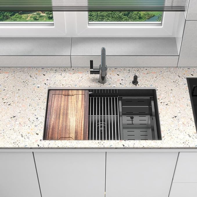 30inch Kitchen Sink Undermount Metal Black - Feibus 30x19x10 with Double Step Workstation 16 Gauge Honeycomb Embossment Stainless Steel Single Bowl