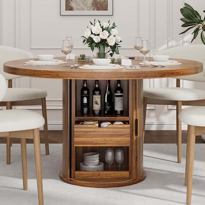 IDEALHOUSE 47" Round Dining Table for 4-6, Modern Farmhouse Kitchen Table with 2-Layer Storage Shelf & Drawer, Wooden Circle Dining Tables with Fluted Pedestal Base, Walnut