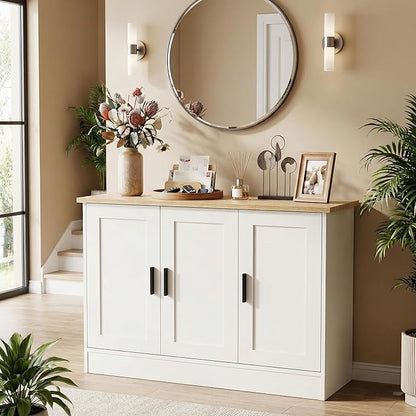 Anystyle 43" White Buffet Cabinet with Black Handles, Small Kitchen Sideboard with 3 Doors & Adjustable Shelves, Modern Entryway Credenza & TV Console Table for Living Room, Dining Room