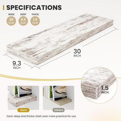 Acovy 30 Inch Floating Shelves, 9.3" Deep Floating Shelf Wall Mounted, 30" Wall Shelves, Rustic Deep Bookshelf, Large Display Shelves & Storage Shelves for Bedroom, Living Room, Rustic, Set of 2