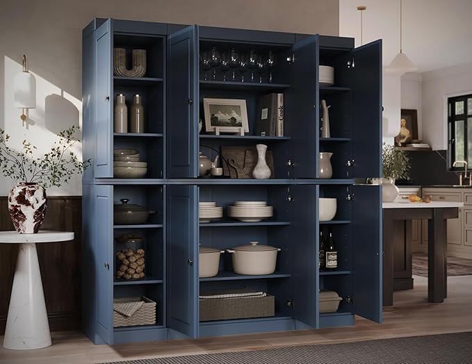 Palace Imports Solid Wood Pantry Cabinet - 71.5" Tall, 65" Wide - Freestanding Wooden Storage Cabinet w/Adjustable Shelves for Kitchen - Antique Blue, Renewable Eco-Friendly 100% Wood, Made in Brazil