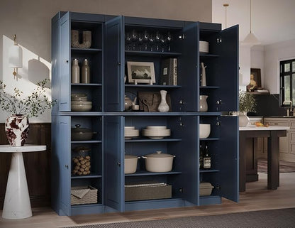 Palace Imports Solid Wood Pantry Cabinet - 71.5" Tall, 65" Wide - Freestanding Wooden Storage Cabinet w/Adjustable Shelves for Kitchen - Antique Blue, Renewable Eco-Friendly 100% Wood, Made in Brazil