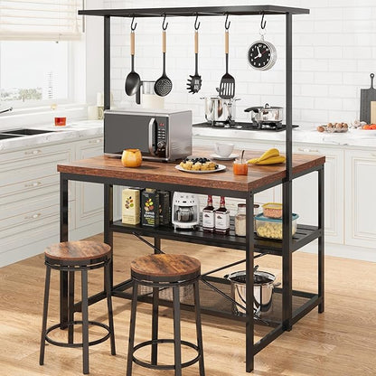 CABIHOME 42" Kitchen Island with Storage & Seating - 3-Tier Bakers Rack, Microwave Stand, Dining Table for 4, 5 Hooks & 50lb Capacity, Multi-Functional Island for Small Kitchens (Brown)