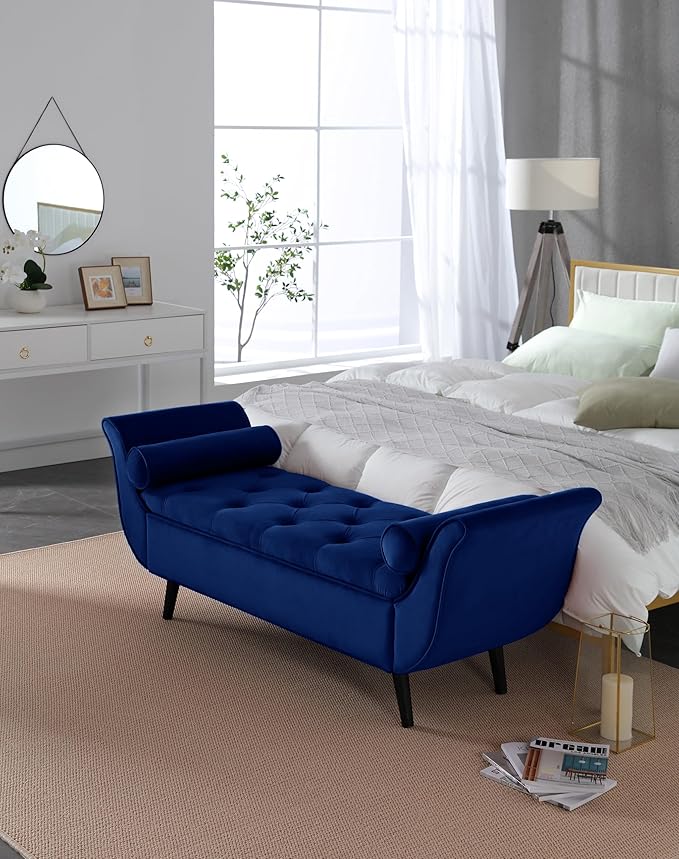 Modern Ottoman Bench with Storage, Upholstered Footstool for Bedroom Living Room Hallway, Bedside Pouf Toy Storage Ottoman Footrest, Versatile Storage Chest Bench Seat,Navy-Velvet