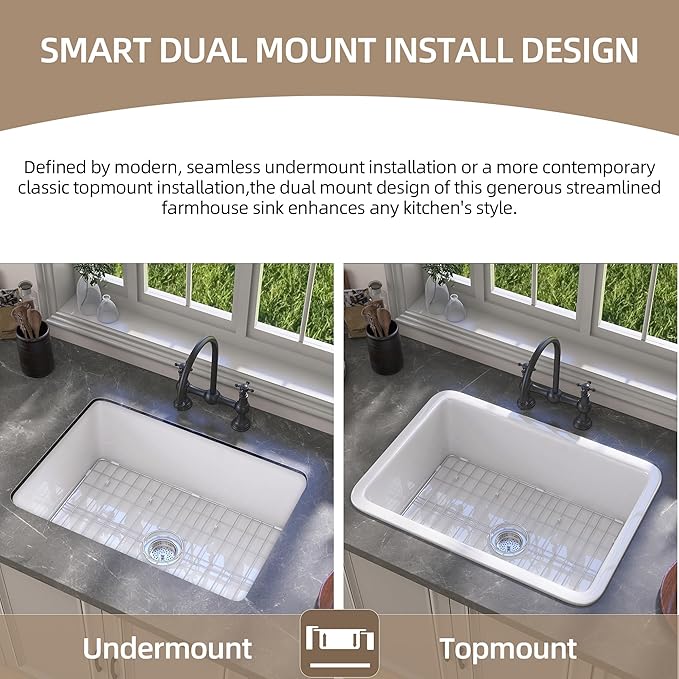 GETPRO White Undermount Kitchen Sink 32 inch Fireclay Farm Sink Drop in 32X19 Dual Mount Farmhouse Single Bowl Topmount Deep Basin with Accessory Easy to Clean for Bar, Kitchen, Laundry
