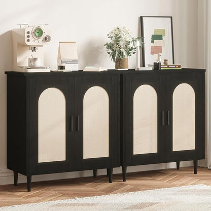 GarveeHome Sideboard Buffet Kitchen Storage Cabinet with Rattan, Solid Wood Feet for Living Room, Hallway, Entryway, Cabinet with Ample Storage Space(1PCS)