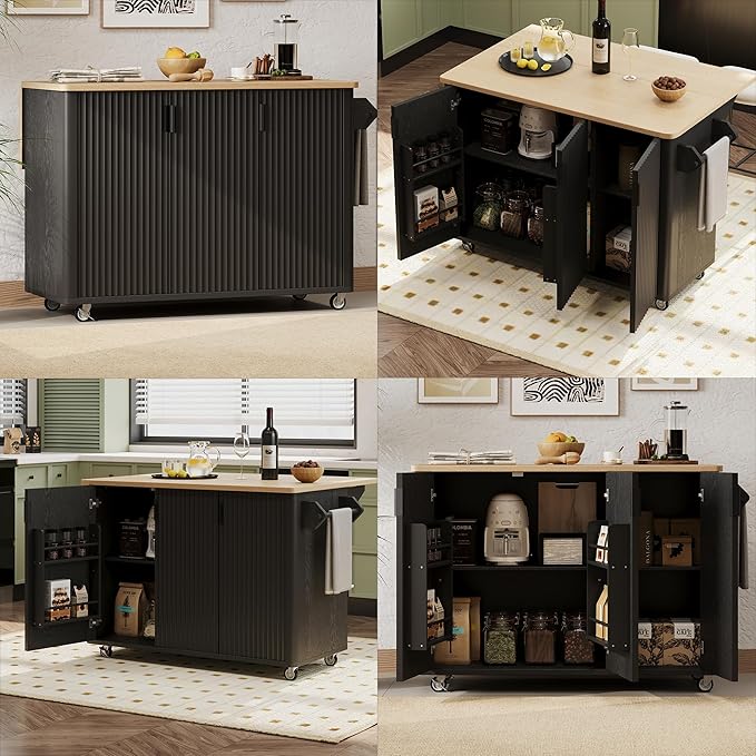 RUNNA Fluted Kitchen Island with Drop Leaf, Farmhouse Accent Kitchen Island on Wheels with Internal Storage Rack,Rolling Cart with Towel Rack,Dining Room,Black Ash (Black@046)