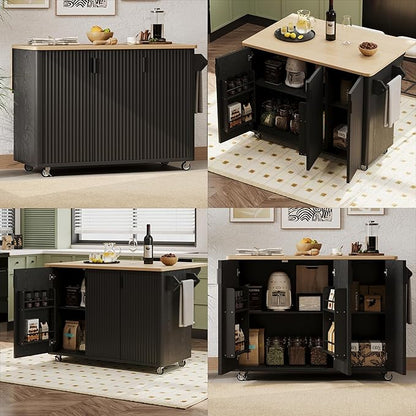 RUNNA Fluted Kitchen Island with Drop Leaf, Farmhouse Accent Kitchen Island on Wheels with Internal Storage Rack,Rolling Cart with Towel Rack,Dining Room,Black Ash (Black@046)