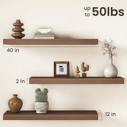 40Inch Walnut Floating Shelves for Wall, 12 Inch Deep Shelves for Bedroom, Kitchen, Bathroom Wall Mounted, Rustic Wood Floating Shelf with Invisible Brackets for Books, Storage, Decor, 2 Packs