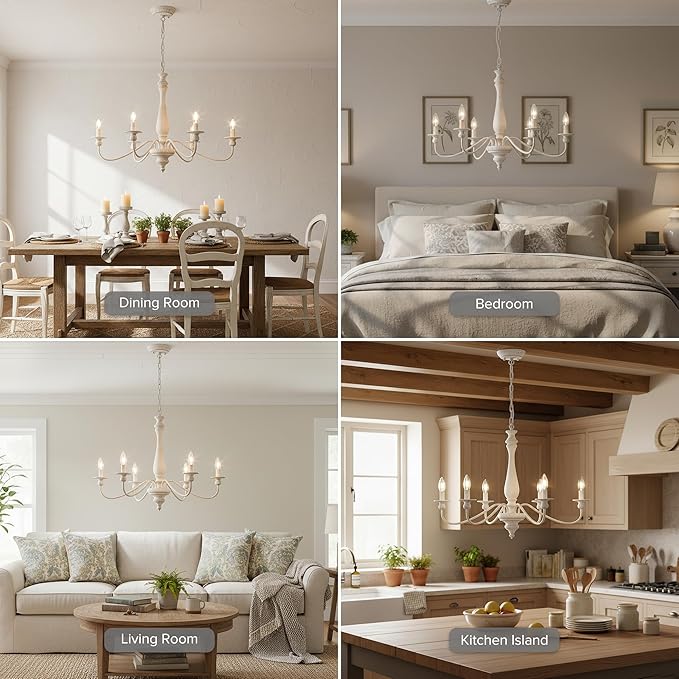 Farmhouse Chandeliers for Dining Room, 6-Light Distressed White French Country Chandelier, Vintage Wood Rustic Chandelier Hanging Light Fixture for Bedroom Living Room Foyer Entryway