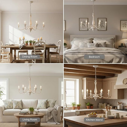 Farmhouse Chandeliers for Dining Room, 6-Light Distressed White French Country Chandelier, Vintage Wood Rustic Chandelier Hanging Light Fixture for Bedroom Living Room Foyer Entryway