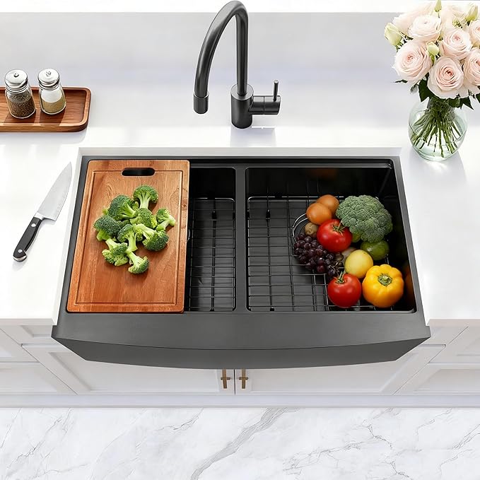 Black Double Farmhouse kitchen Sink,16-Gauge SUS304 Stainless Steel Farm Sinks, 50/50 Apron Front Features Workstaion Sink With Accessories,33''×20''×10" Large and Deep Double Kitchen Sinks
