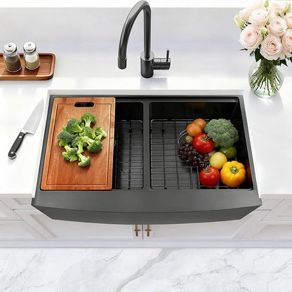 Black Double Farmhouse kitchen Sink,16-Gauge SUS304 Stainless Steel Farm Sinks, 50/50 Apron Front Features Workstaion Sink With Accessories,33''×20''×10" Large and Deep Double Kitchen Sinks