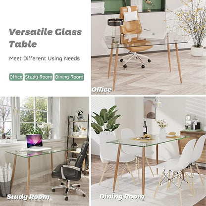 Moccha 51” Glass Dining Table, Modern Rectangular Table with Spacious Tempered Glass Tabletop & Wood Grain Metal Legs, Adjustable Foot Pads, Transparent Kitchen Table for Home Office