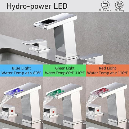 AVSIILE LED Bathroom Faucet 3 Hole, Chrome Waterfall Bathroom Faucets, 8 Inch Widespread Modern Bathroom Sink Faucet & Parts, Wide Spread Touch On Three Hole 2 Handle 3 Piece Bathroom Vanity Faucet