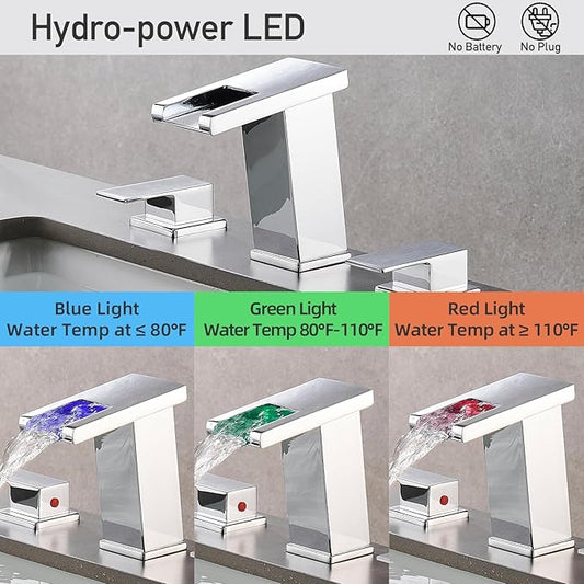 AVSIILE LED Bathroom Faucet 3 Hole, Chrome Waterfall Bathroom Faucets, 8 Inch Widespread Modern Bathroom Sink Faucet & Parts, Wide Spread Touch On Three Hole 2 Handle 3 Piece Bathroom Vanity Faucet