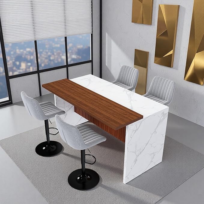 Runboll 63" Large Island Table Set with 4 Bar Stools, Modern Faux Marble Dining Table Set with Multi-Color LED Lights, Kitchen Island with Grille Design for Dining Room, Home, Office, Living Room