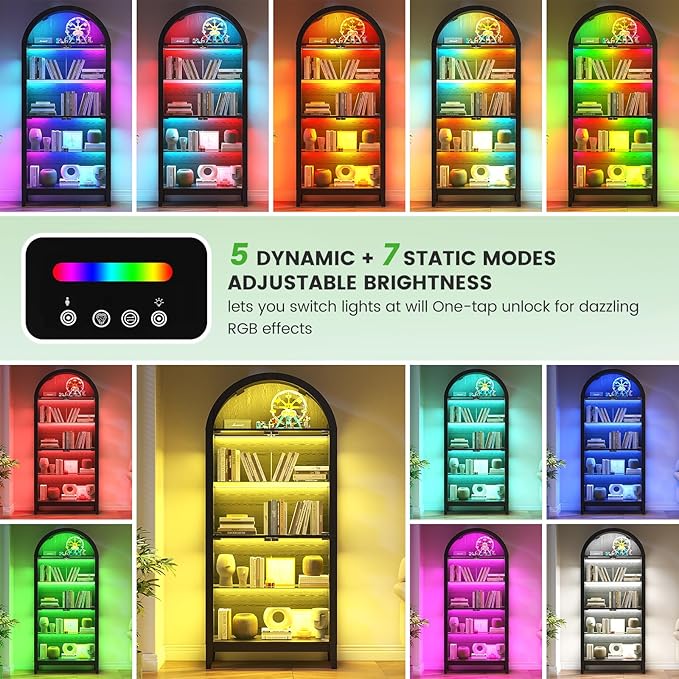 HNEBC Arched Book Shelf with Glass Doors, LED Bookcase with RGB Lights, 5 Tier Cabinet Has 9-Cube Storage, 69" Display Cabinet for Living Room,Bedroom(Black)