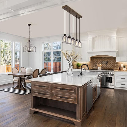 KSANA 5-Light Kitchen Island Lighting, Farmhouse Linear Chandelier with Seeded Glass Shade, Rustic Faux Wood Dining Room Light Fixture Over Table
