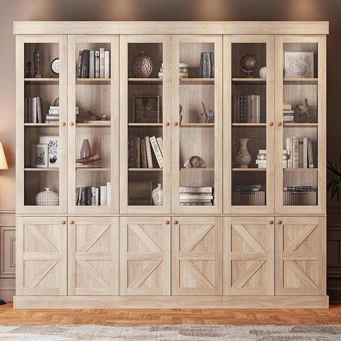 ivaniti 71" Tall Farmhouse Kitchen Pantry, Rustic Brown Large Storage Cabinet with Glass Doors, Adjustable Shelves, Wood Versatile Hutch Cabinet for Dining Room, Living Room, 3 Pcs