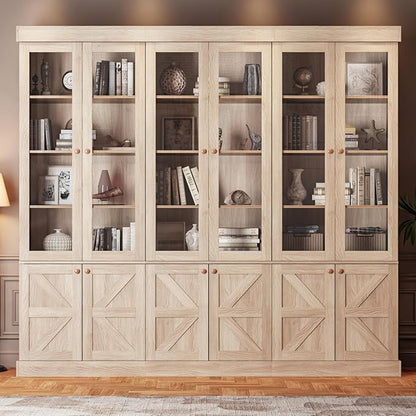 ivaniti 71" Tall Farmhouse Kitchen Pantry, Rustic Brown Large Storage Cabinet with Glass Doors, Adjustable Shelves, Wood Versatile Hutch Cabinet for Dining Room, Living Room, 3 Pcs