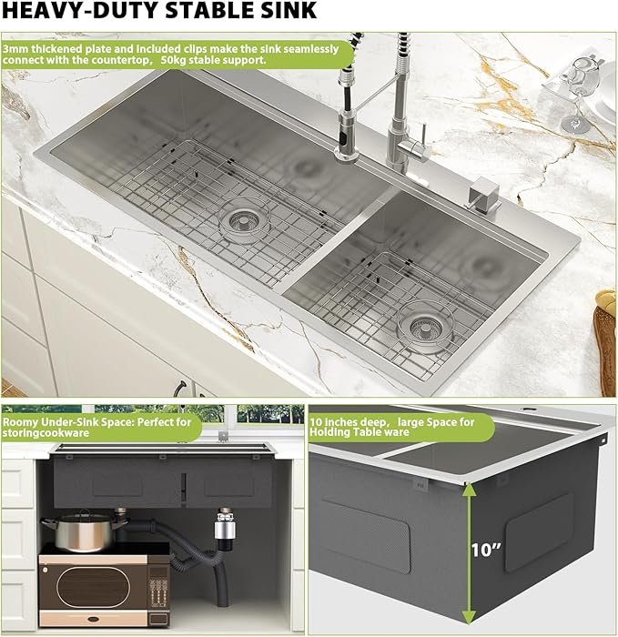 39-inch Drop In Kitchen Sink - Double Bowl 60/40 Multifunctional Workstation Large Kitchen Sink, 304 Stainless Steel 16 Gauge Above Counter Sinks for Kitchen with Mixing Bowl, 39''x22''x10''
