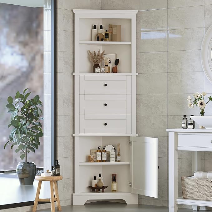 69" H Tall Corner Cabinet with Adjustable Shelves and Drawers, Storage Bookshelf Space Saver for Bathroom or Kitchen, White