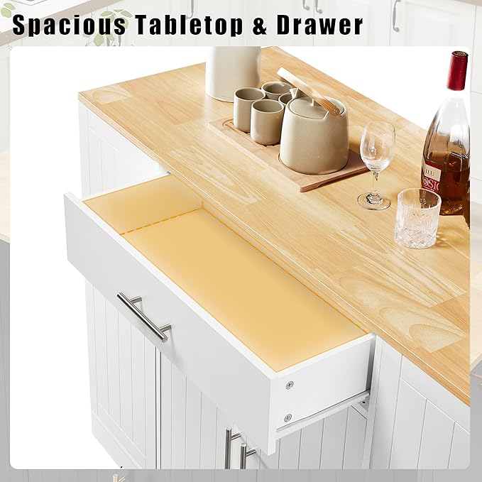 53 inch Large Kitchen Island Cart with Trash Can Storage Cabinet,Drawer and Adjustable Shelves,Breakfast Bar Cabinet for 13 Gallon Garbage Bin (White+Oak@w)