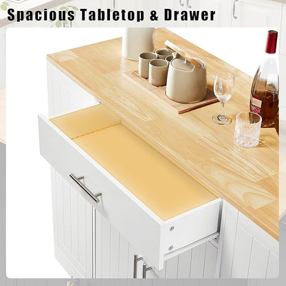 53 inch Large Kitchen Island Cart with Trash Can Storage Cabinet,Drawer and Adjustable Shelves,Breakfast Bar Cabinet for 13 Gallon Garbage Bin (White+Oak@w)