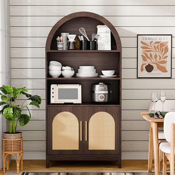 63" Tall Arched Pantry Cabinet with Doors, 5-Tier Arched Bookcase with Adjustable Shelves, Wood Storage Cabinet for Kitchen, Living Room, Office, Walnut